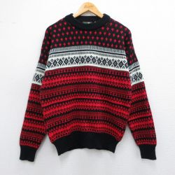 M★古着 長袖 セーター メンズ 00年代 00s アクリル クルーネック 黒他 ブラック 25mar07 中古 ニット トップス