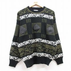 【50%OFF】L★古着 長袖 セーター メンズ レザー使用 アクリル クルーネック 黒他 ブラック 25mar08 中古 ニット トップス