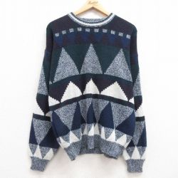 【50%OFF】L★古着 長袖 セーター メンズ 00年代 00s アクリル クルーネック 紺他 ネイビー 25mar08 中古 ニット トップス