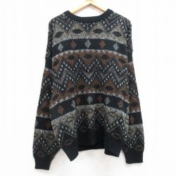 【50%OFF】XL★古着 長袖 セーター メンズ 00年代 00s レザー使用 アクリル クルーネック 黒他 ブラック 25mar08 中古 ニット トップス
