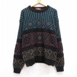 L★古着 長袖 セーター メンズ 00年代 00s レザー使用 アクリル クルーネック 黒他 ブラック 25mar08 中古 ニット トップス