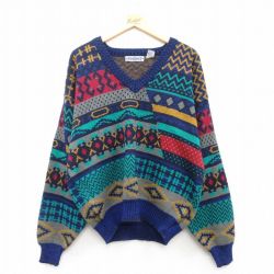 XL★古着 長袖 セーター メンズ 00年代 00s アクリル Vネック 紺他 ネイビー 25mar10 中古 ニット トップス