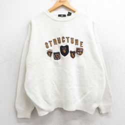 【50%OFF】XL★古着 STRUCTURE 長袖 セーター メンズ 00年代 00s ビッグロゴ 大きいサイズ クルーネック 白 ホワイト 25mar10 中古 ニット トップス