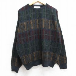 【50%OFF】L★古着 長袖 セーター メンズ 90年代 90s アクリル クルーネック 紺系他 ネイビー 25mar10 中古 ニット トップス