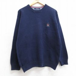 M★古着 トミーヒルフィガー TOMMY HILFIGER 長袖 ブランド セーター メンズ 90年代 90s ワンポイントロゴ コットン クルーネック 紺 ネイビー 25mar10 中古 ニット トップス