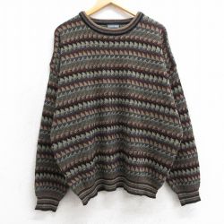 XL★古着 ジャンセン 長袖 セーター メンズ 大きいサイズ クルーネック ベージュ他 カーキ 25mar10 中古 ニット トップス