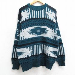 【50%OFF】L★古着 長袖 セーター メンズ 90年代 90s ネイティブ柄 ラグ柄 アクリル クルーネック 緑他 グリーン 25mar10 中古 ニット トップス