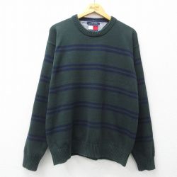 XL★古着 トミーヒルフィガー TOMMY HILFIGER 長袖 ブランド セーター メンズ 90年代 90s コットン クルーネック 緑他 グリーン ボーダー 【spe】 25mar11 中古 ニット トップス