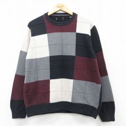 L★古着 長袖 セーター メンズ コットン クルーネック 黒他 ブラック チェック 25mar12 中古 ニット トップス