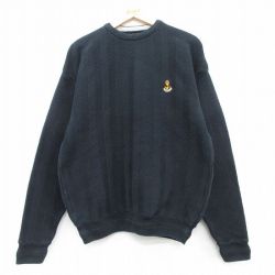 【20%OFF】L★古着 長袖 セーター メンズ ヘリンボーン コットン クルーネック 黒 ブラック 25mar12 中古 ニット トップス
