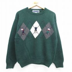 【50%OFF】L★古着 長袖 セーター メンズ 90年代 90s ゴルフ 刺繍 アーガイル クルーネック 緑他 グリーン 25mar13 中古 ニット トップス