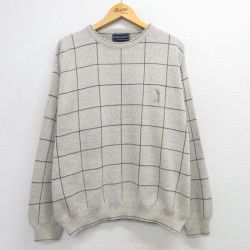 XL★古着 長袖 セーター メンズ 90年代 90s ゴルフ 大きいサイズ クルーネック USA製 ベージュ系他 カーキ チェック 25mar13 中古 ニット トップス
