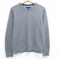 M★古着 トミーヒルフィガー TOMMY HILFIGER 長袖 ブランド セーター メンズ ワンポイントロゴ カシミア クルーネック グレー 25mar13 中古 ニット トップス