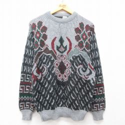 M★古着 長袖 セーター メンズ 90年代 90s アクリル クルーネック USA製 グレー他 25mar13 中古 ニット トップス