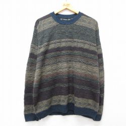 XL★古着 バンヒューセン 長袖 セーター メンズ アクリル クルーネック ベージュ系他 カーキ ボーダー 25mar13 中古 ニット トップス