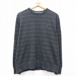 L★古着 トミーヒルフィガー TOMMY HILFIGER 長袖 ブランド セーター メンズ ワンポイントロゴ コットン クルーネック 濃グレー他 ボーダー 25mar13 中古 ニット トップス
