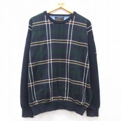 【50%OFF】XL★古着 トミーヒルフィガー TOMMY HILFIGER 長袖 ブランド セーター メンズ 90年代 90s ゴルフ コットン クルーネック 紺他 ネイビー チェック 【spe】 25mar13 中古 ニット トップス