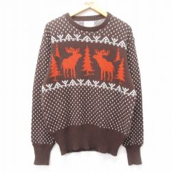 M★古着 長袖 セーター メンズ 80年代 80s シカ バーズアイ アクリル クルーネック こげ茶 ブラウン 25mar13 中古 ニット トップス