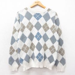 【50%OFF】M★古着 長袖 セーター メンズ 90年代 90s アーガイル柄 手織り クルーネック 白他 ホワイト 25mar13 中古 ニット トップス