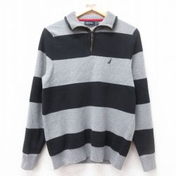 S★古着 ノーティカ NAUTICA 長袖 ブランド ハーフジップ セーター メンズ ワンポイントロゴ コットン グレー他 ボーダー 25mar13 中古 ニット トップス