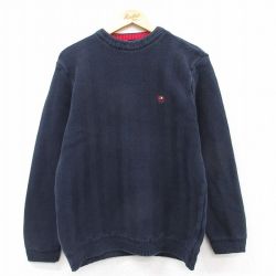 M★古着 チャップス 長袖 セーター メンズ ワンポイントロゴ ヘリンボーン コットン クルーネック 紺 ネイビー 25mar14 中古 ニット トップス