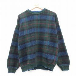 M★古着 長袖 セーター メンズ 90年代 90s コットン クルーネック 緑他 グリーン チェック 25mar14 中古 ニット トップス