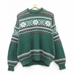 【50%OFF】XL★古着 長袖 ノルディック セーター メンズ 90年代 90s 雪柄 コットン クルーネック USA製 緑他 グリーン 25mar14 中古 ニット トップス