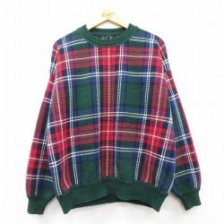 L★古着 長袖 セーター メンズ 90年代 90s コットン クルーネック 緑他 グリーン チェック 25mar14 中古 ニット トップス