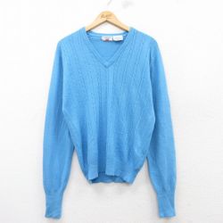 M★古着 IZOD 長袖 ケーブル セーター メンズ 80年代 80s アクリル Vネック 水色 25mar14 中古 ニット トップス
