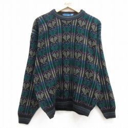 L★古着 タウンクラフト 長袖 セーター メンズ 90年代 90s アクリル クルーネック USA製 黒他 ブラック 25mar14 中古 ニット トップス