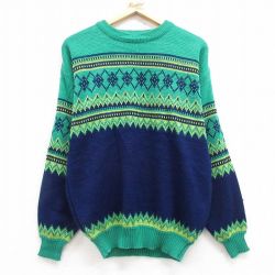 M★古着 ピューリタン 長袖 セーター メンズ アクリル クルーネック 緑他 グリーン 25mar14 中古 ニット トップス