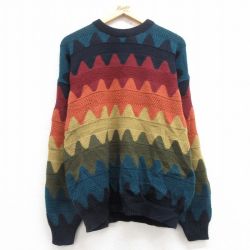 L★古着 長袖 セーター メンズ アクリル クルーネック 紺他 ネイビー 25mar14 中古 ニット トップス