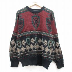 【50%OFF】L★古着 長袖 セーター メンズ 00年代 00s アクリル クルーネック エンジ他 25mar14 中古 ニット トップス