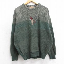 L★古着 長袖 セーター メンズ 90年代 90s ゴルフ 刺繍 クルーネック USA製 濃緑他 グリーン 25mar15 中古 ニット トップス