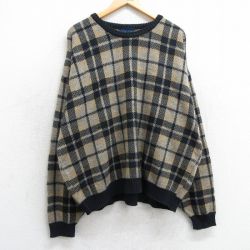 【20%OFF】XL★古着 タウンクラフト 長袖 セーター メンズ 90年代 90s 大きいサイズ アクリル クルーネック ベージュ他 カーキ チェック 25mar15 中古 ニット トップス