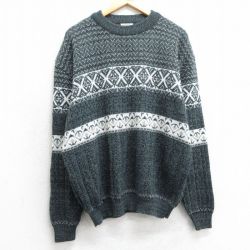 【50%OFF】XL★古着 長袖 セーター メンズ 90年代 90s アクリル クルーネック 濃緑他 グリーン 25mar15 中古 ニット トップス