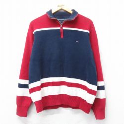 L★古着 トミーヒルフィガー TOMMY HILFIGER 長袖 ブランド ハーフジップ セーター メンズ ワンポイントロゴ 紺他 ネイビー 25mar18 中古 ニット トップス