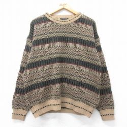【20%OFF】L★古着 バンヒューセン 長袖 セーター メンズ 80年代 80s アクリル クルーネック ベージュ他 カーキ 25mar18 中古 ニット トップス