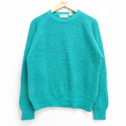 M★古着 セントジョンズベイ 長袖 セーター メンズ 90年代 90s 無地 ラグラン アクリル クルーネック 青緑 25mar19 中古 ニット トップス