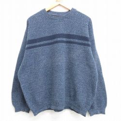 【20%OFF】L★古着 長袖 セーター メンズ 90年代 90s 手織り クルーネック 紺 ネイビー 25mar19 中古 ニット トップス