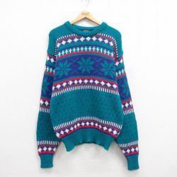 L★古着 長袖 ノルディック セーター メンズ 00年代 00s 雪柄 バーズアイ アクリル クルーネック 青緑 25mar22 中古 ニット トップス