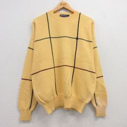 L★古着 ノーティカ NAUTICA 長袖 ブランド セーター メンズ 90年代 90s ワンポイントロゴ コットン クルーネック 黄他 イエロー チェック 25mar22 中古 ニット トップス