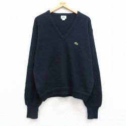 L★古着 ラコステ LACOSTE IZOD 長袖 ブランド セーター メンズ 90年代 90s ワンポイントロゴ アクリル Vネック 濃紺 ネイビー 25mar22 中古 ニット トップス