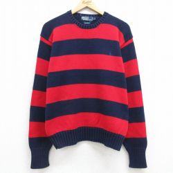 L★古着 ラルフローレン Ralph Lauren 長袖 ブランド セーター メンズ 90年代 90s ワンポイントロゴ コットン クルーネック 濃紺他 ネイビー ボーダー 【spe】 25mar22 中古 ニット トップス