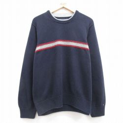 L★古着 トミーヒルフィガー TOMMY HILFIGER 長袖 ブランド セーター メンズ ワンポイントロゴ コットン クルーネック 濃紺 ネイビー 25mar22 中古 ニット トップス