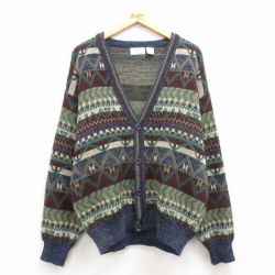 L★古着 シアーズ 長袖 ニット カーディガン メンズ 90年代 90s ネイティブ柄 ラグ柄 濃紺他 ネイビー 25mar22 中古 トップス