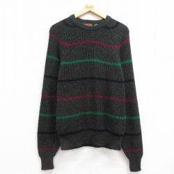M★古着 長袖 セーター メンズ 00年代 00s ラグラン アクリル クルーネック 緑他 グリーン ボーダー 25mar22 中古 ニット トップス