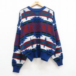 【50%OFF】XL★古着 長袖 セーター メンズ ネイティブ柄 ラグ柄 大きいサイズ アクリル クルーネック 紺 ネイビー 【spe】 25mar22 中古 ニット トップス