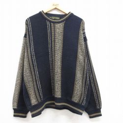 XL★古着 長袖 セーター メンズ 00年代 00s 大きいサイズ クルーネック 濃紺他 ネイビー ストライプ 25mar22 中古 ニット トップス