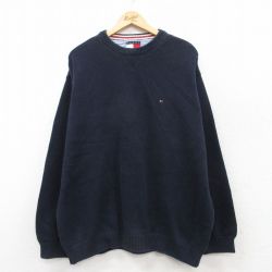 【50%OFF】XL★古着 トミーヒルフィガー TOMMY HILFIGER 長袖 ブランド セーター メンズ 90年代 90s ワンポイントロゴ 大きいサイズ コットン クルーネック 紺 ネイビー 25mar22 中古 ニット トップス